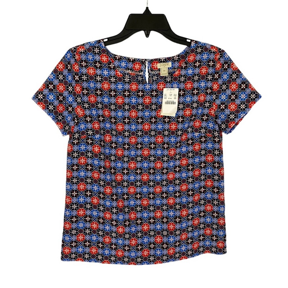 J. CREW | NWT Red Blue Printed Short Sleeve Keyhole Shell Top Office Work